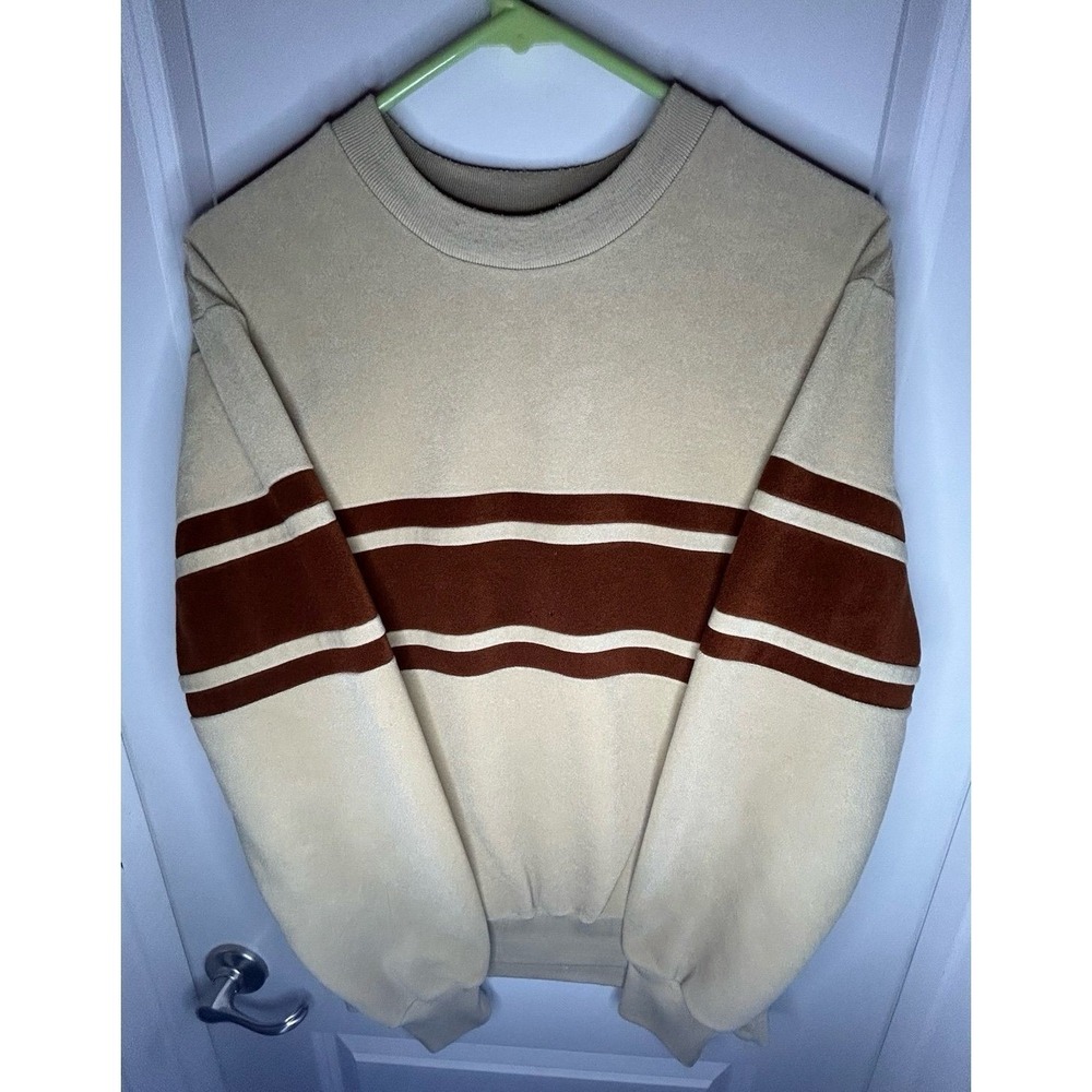 Vintage 70's Lee Soft Velour Tan Brown Striped Crewneck Sweatshirt Sz Mens Large